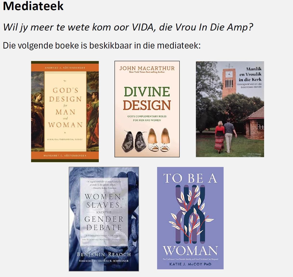 Mediateek: boeke oor VIDA (Vrou In Die Amp)