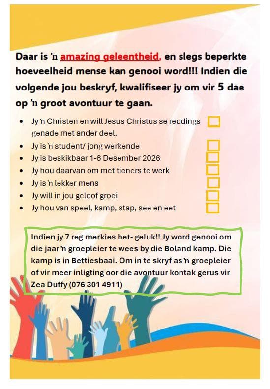 Boland kamp 2026: word 'n groepleier