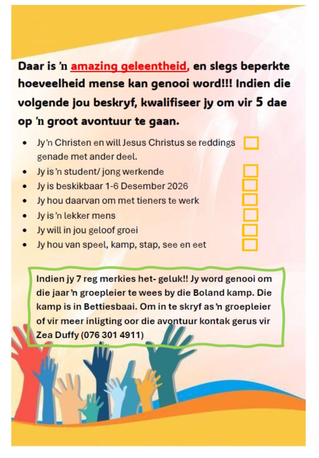 Geleentheid om groepleier te wees by Boland-kamp